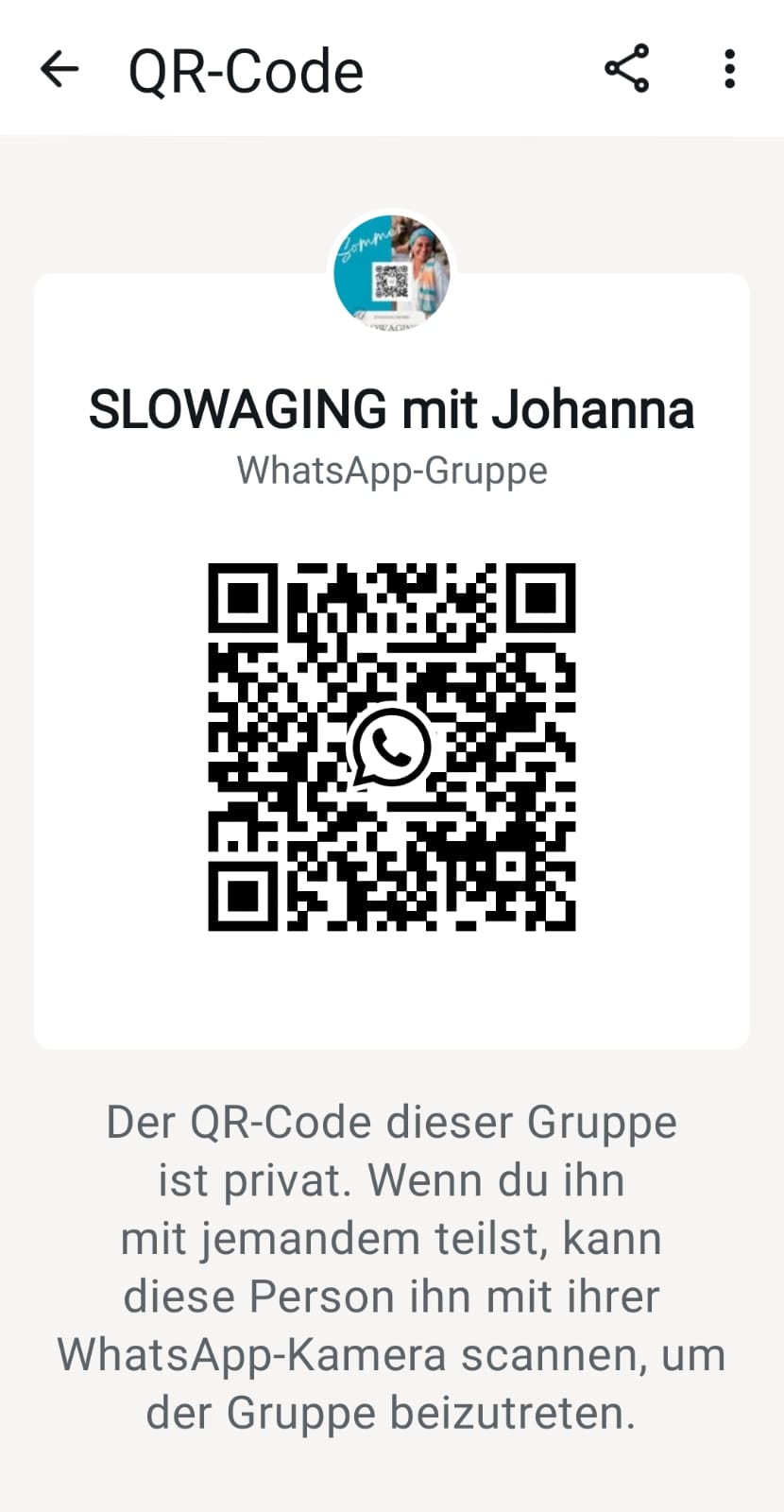 QR-Code zur privaten WhatsApp-Gruppe SlowAging mit Johanna